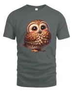 Cute Shy Owl Graphic Tee With Adorable Cozy Cartoon Style - gray t-shirt on white background
