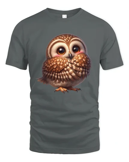 Cute Shy Owl Graphic Tee With Adorable Cozy Cartoon Style - gray t-shirt on white background