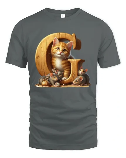 Cute Kitten And Mice Letter C Graphic Tee With Cozy Cartoon Art - gray t-shirt on white background