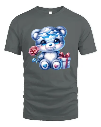Cute Blue Teddy Bear Graphic Tee With Rose And Gift Art - gray t-shirt on white background