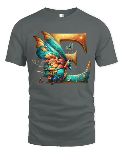 Elegant Letter E Butterfly Fantasy Graphic Tee With Artistic Style - gray t-shirt on white background