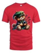 Cute Bagpipe Playing Teddy Bear Graphic Tee With Cozy Charm - red t-shirt on white background