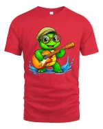 Cute Turtle Playing Guitar Graphic Tee With Happy Music Vibes - red t-shirt on white background