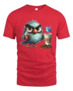 Grumpy Owl Coffee Lover Graphic Tee With Morning Mood Vibes - red t-shirt on white background