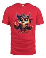 Cute Rebel Owl Graphic Tee With Peace Sign And Cool Attitude - red t-shirt on white background