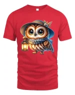 Cute Owl Lantern Graphic Tee With Cozy Nighttime Charm - red t-shirt on white background