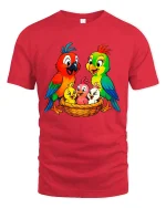Colorful Parrot Family Nest Illustration Cute Cartoon Graphic Tee - red t-shirt on white background