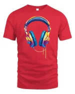 Colorful Music Headphones Illustration Modern Audio Art Graphic Tee - red t-shirt on white background