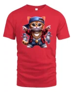 Hip Hop Cat Graphic Tee With Gold Chain Street Style Art - red t-shirt on white background