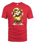 Hip Hop Lion Graphic Tee With Headphones Street Style Art - red t-shirt on white background