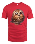 Cute Shy Owl Graphic Tee With Adorable Cozy Cartoon Style - red t-shirt on white background