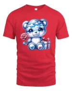 Cute Blue Teddy Bear Graphic Tee With Rose And Gift Art - red t-shirt on white background