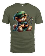 Cute Bagpipe Playing Teddy Bear Graphic Tee With Cozy Charm - military green t-shirt on white background