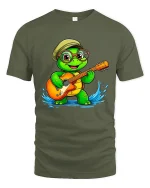 Cute Turtle Playing Guitar Graphic Tee With Happy Music Vibes - military green t-shirt on white background