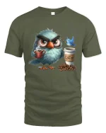 Grumpy Owl Coffee Lover Graphic Tee With Morning Mood Vibes - military green t-shirt on white background