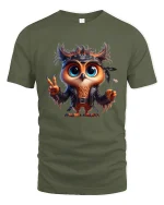 Cute Rebel Owl Graphic Tee With Peace Sign And Cool Attitude - military green t-shirt on white background