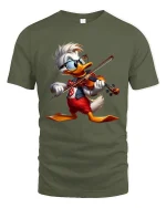 Funny Duck Violin Player Graphic Tee With Musical Energy Style - military green t-shirt on white background