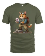 Cute Adventure Cat Rock Collector Fantasy Illustration Graphic Tee - military green t-shirt on white background