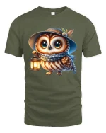 Cute Owl Lantern Graphic Tee With Cozy Nighttime Charm - military green t-shirt on white background