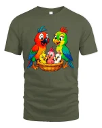 Colorful Parrot Family Nest Illustration Cute Cartoon Graphic Tee - military green t-shirt on white background