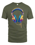 Colorful Music Headphones Illustration Modern Audio Art Graphic Tee - military green t-shirt on white background