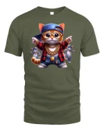 Hip Hop Cat Graphic Tee With Gold Chain Street Style Art - military green t-shirt on white background