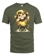 Hip Hop Lion Graphic Tee With Headphones Street Style Art - military green t-shirt on white background
