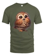Cute Shy Owl Graphic Tee With Adorable Cozy Cartoon Style - military green t-shirt on white background
