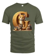 Cute Kitten And Mice Letter C Graphic Tee With Cozy Cartoon Art - military green t-shirt on white background