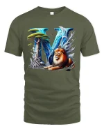 Majestic Lion Letter V Fantasy Graphic Tee With Nature Power Art - military green t-shirt on white background