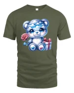 Cute Blue Teddy Bear Graphic Tee With Rose And Gift Art - military green t-shirt on white background
