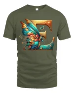 Elegant Letter E Butterfly Fantasy Graphic Tee With Artistic Style - military green t-shirt on white background