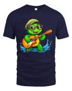 Cute Turtle Playing Guitar Graphic Tee With Happy Music Vibes - navy t-shirt on white background