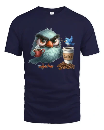 Grumpy Owl Coffee Lover Graphic Tee With Morning Mood Vibes - navy t-shirt on white background