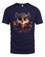 Cute Rebel Owl Graphic Tee With Peace Sign And Cool Attitude - navy t-shirt on white background