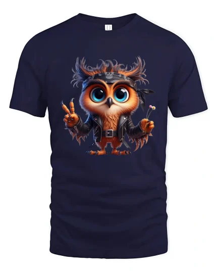 Cute Rebel Owl Graphic Tee With Peace Sign And Cool Attitude - navy t-shirt on white background
