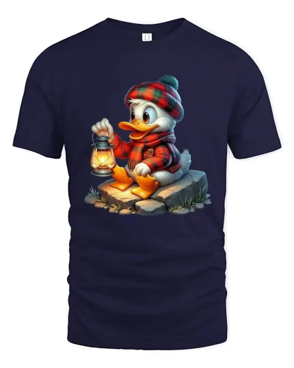 Cute Cozy Duck Lantern Graphic Tee With Warm Adventure Vibes - navy t-shirt on white background