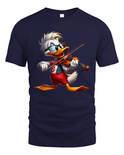 Funny Duck Violin Player Graphic Tee With Musical Energy Style - navy t-shirt on white background