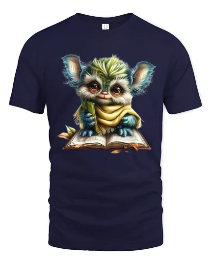 Cute Fantasy Creature Reading Book Graphic Tee With Cozy Vibes - navy t-shirt on white background