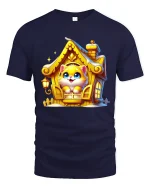 Cute Kitten In Cozy Golden House Illustration Graphic Tee - navy t-shirt on white background