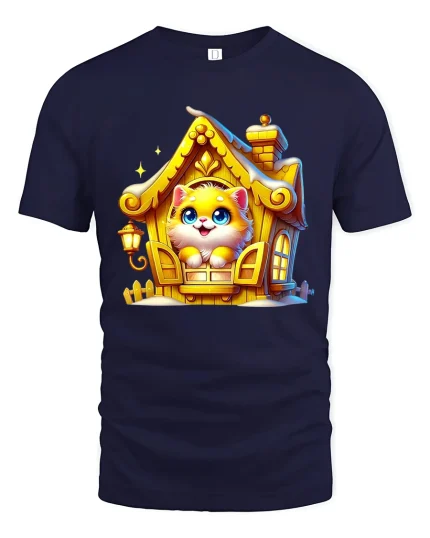 Cute Kitten In Cozy Golden House Illustration Graphic Tee - navy t-shirt on white background