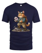 Cute Adventure Cat Rock Collector Fantasy Illustration Graphic Tee - navy t-shirt on white background