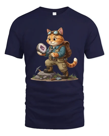 Cute Adventure Cat Rock Collector Fantasy Illustration Graphic Tee - navy t-shirt on white background