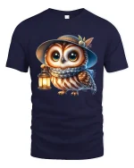 Cute Owl Lantern Graphic Tee With Cozy Nighttime Charm - navy t-shirt on white background