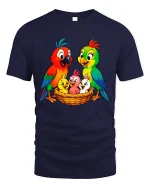 Colorful Parrot Family Nest Illustration Cute Cartoon Graphic Tee - navy t-shirt on white background