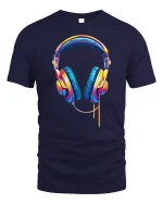 Colorful Music Headphones Illustration Modern Audio Art Graphic Tee - navy t-shirt on white background