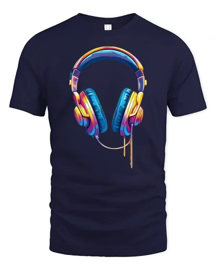 Colorful Music Headphones Illustration Modern Audio Art Graphic Tee - navy t-shirt on white background