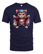 Hip Hop Cat Graphic Tee With Gold Chain Street Style Art - navy t-shirt on white background