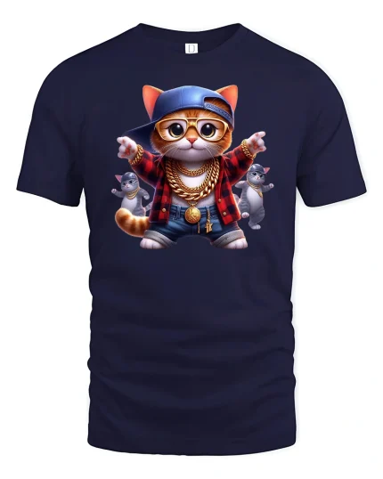 Hip Hop Cat Graphic Tee With Gold Chain Street Style Art - navy t-shirt on white background
