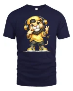 Hip Hop Lion Graphic Tee With Headphones Street Style Art - navy t-shirt on white background